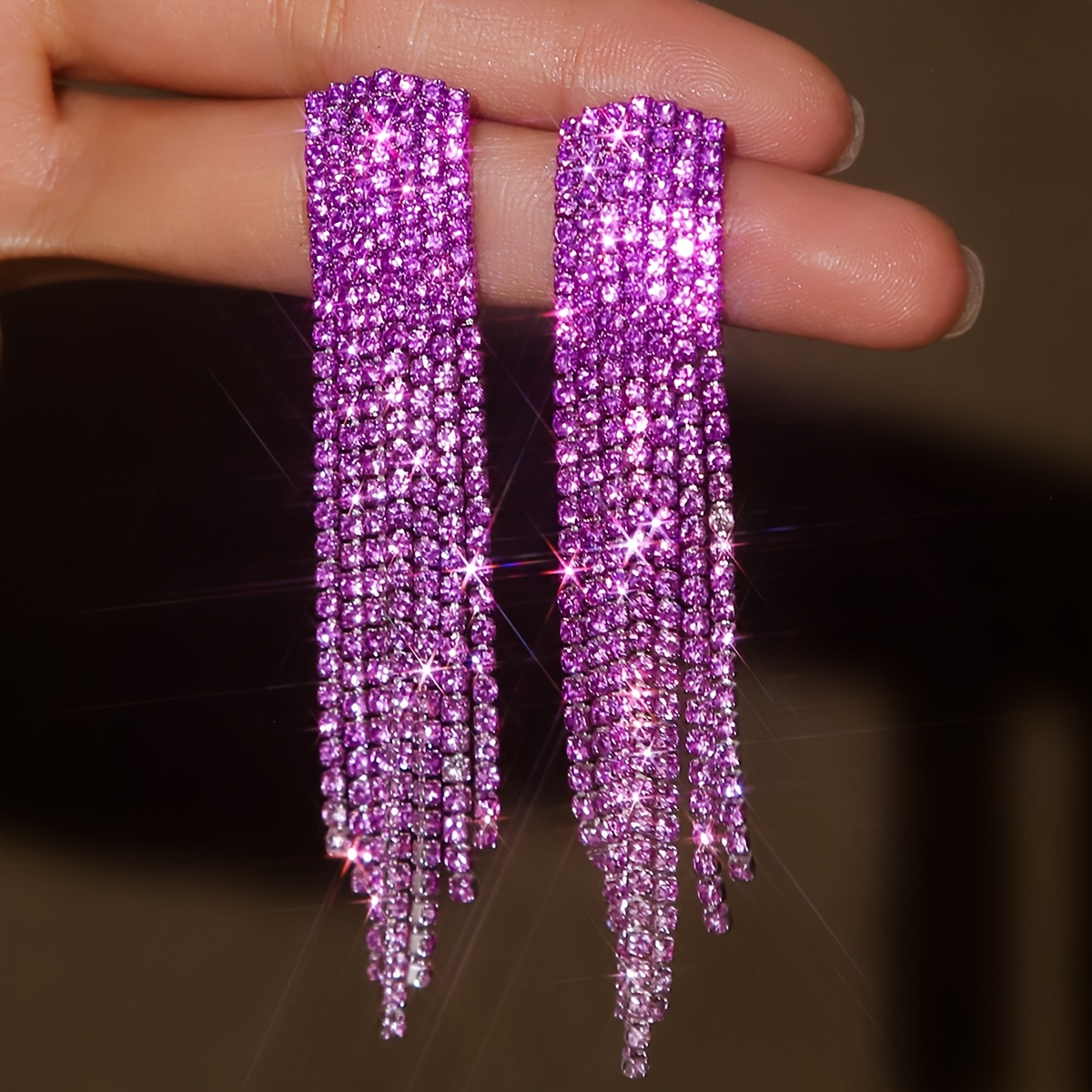 Gradient Color Inlaid Rhinestone Curved Tassel Earrings